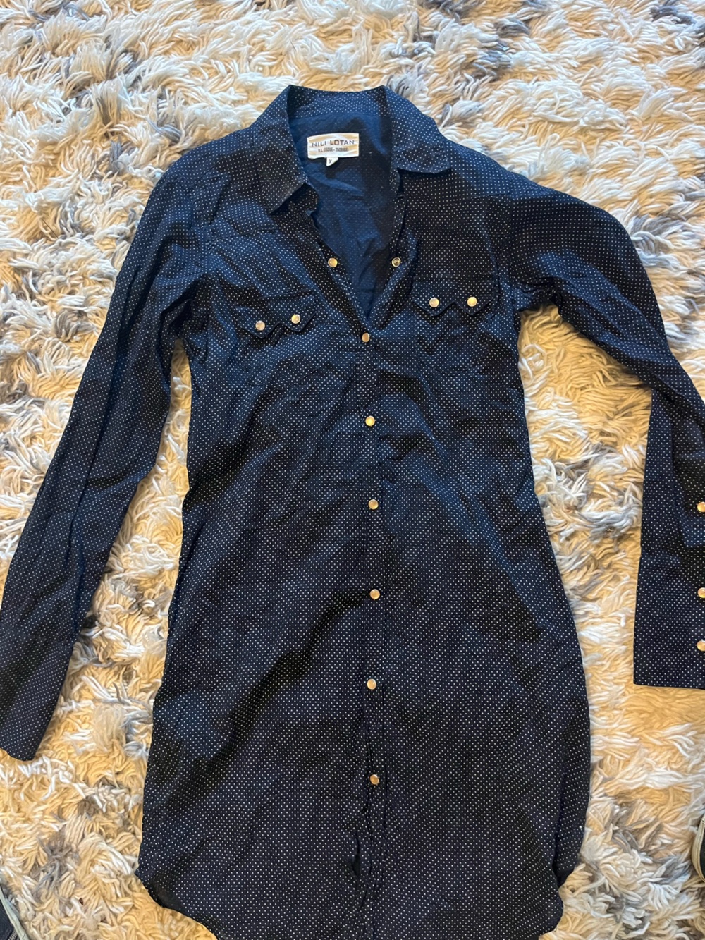 Nili Lotan Xsmall luxury $700 retail   Blue Polka Dot western style Shirt dress